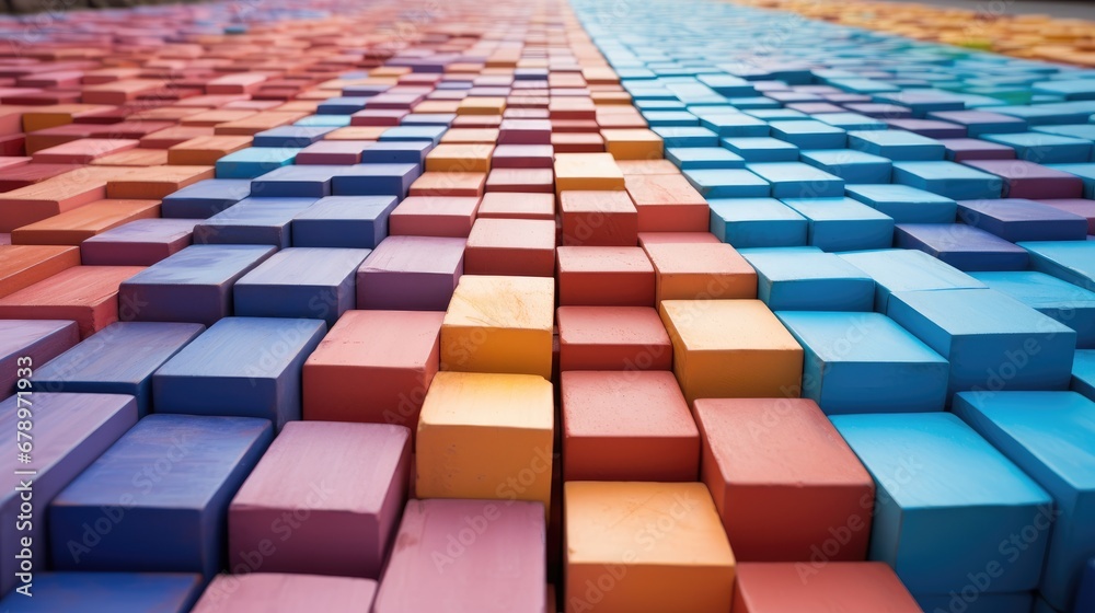 Shot of arranged rows of colorful bricks stacked for construction.