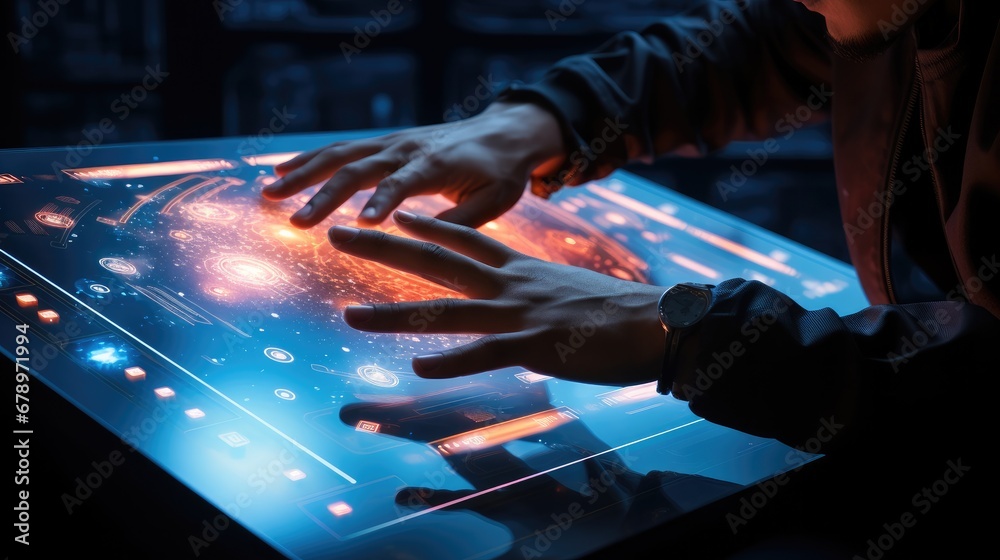 Hands touching the screen of a futuristic computer.