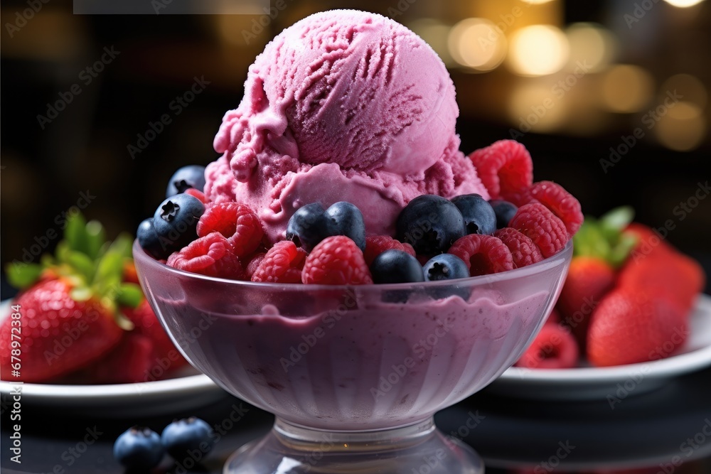 Blueberry ice cream and blueberries in bowl on a marble counter.