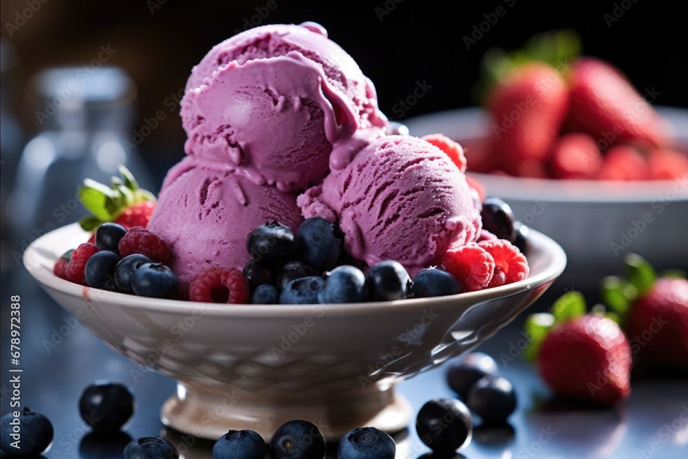 Blueberry ice cream and blueberries in bowl on a marble counter.