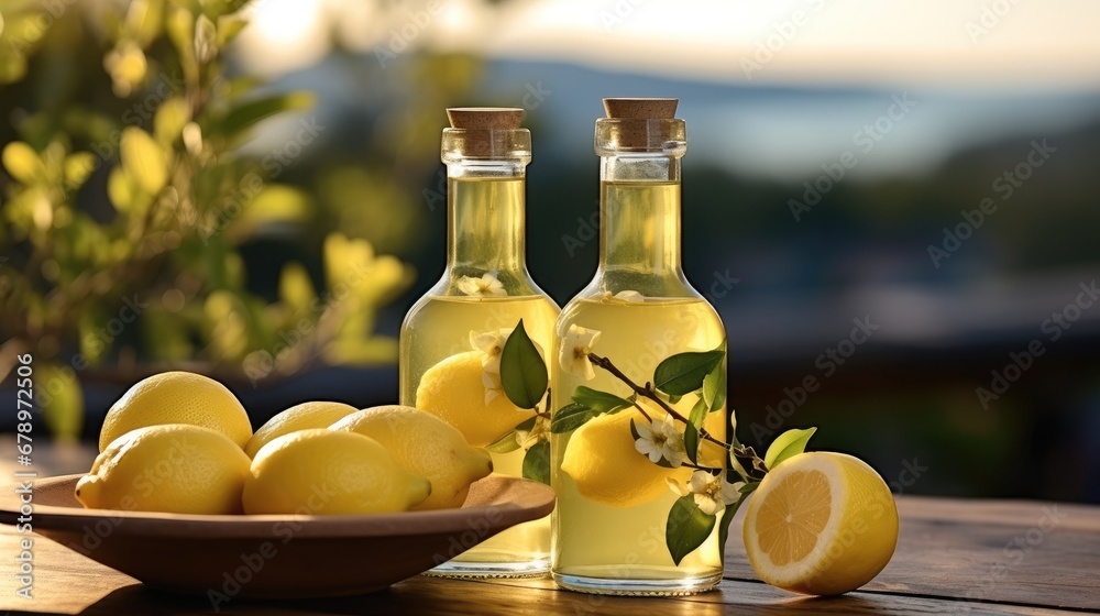 Oil in bottles on table. Virgin olive oil.