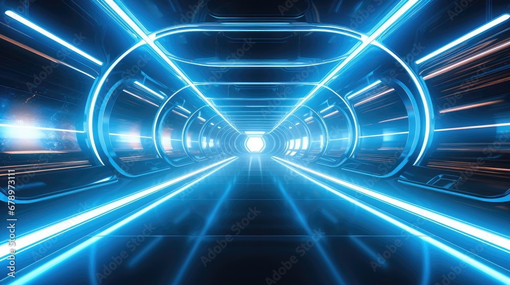 A futuristic tunnel with neon lights in the style of light blue.