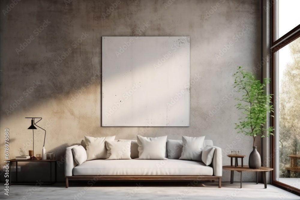 Living room of a minimalist house with a natural and rustic cement wall.