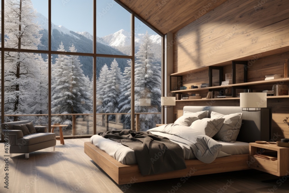 Bedroom interior in a modern wooden house in the mountains, Sunny weather.