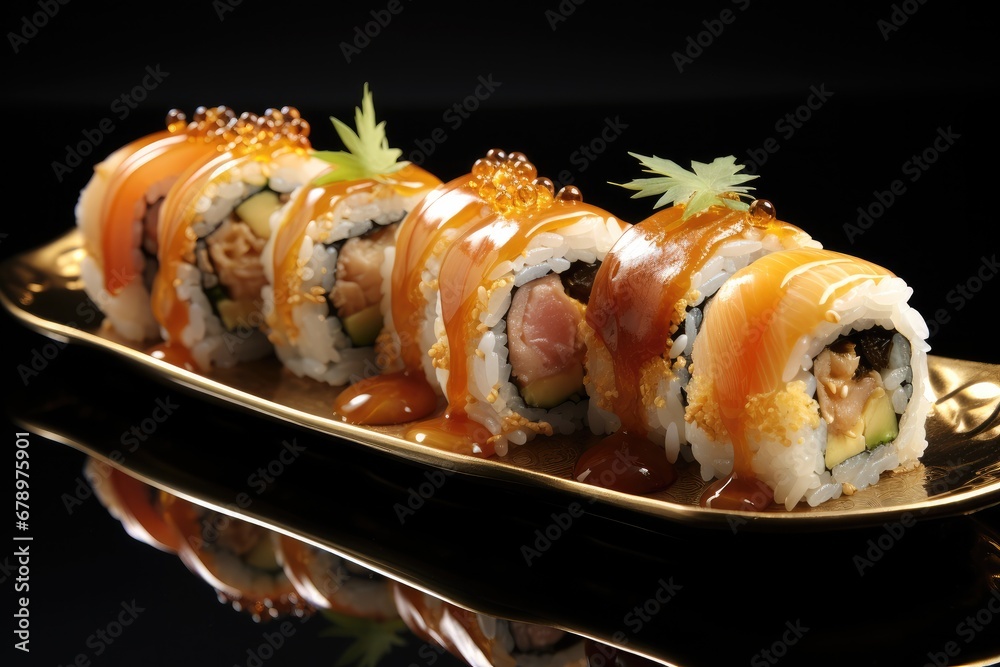 Luxury gold sushi on black background.