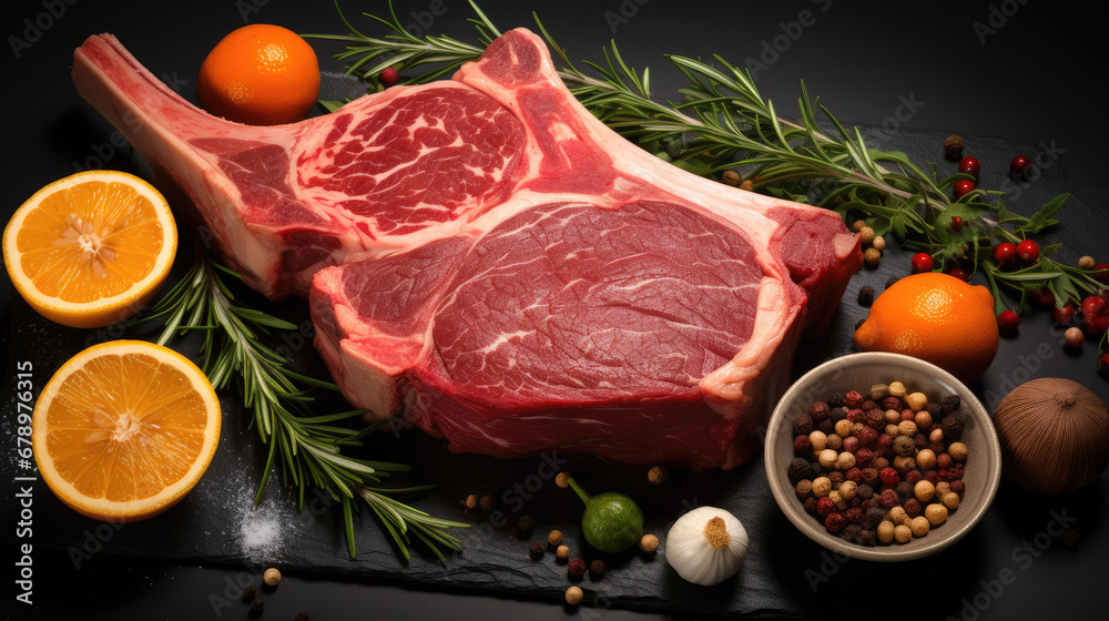 Dry aged raw tomahawk beef steak with ingredients on a black stone background. Top view.