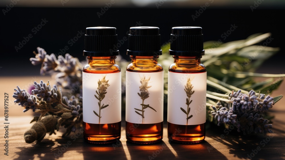 Essential oil packaging with a focus on labels, Branding and aesthetically pleasing arrangements.