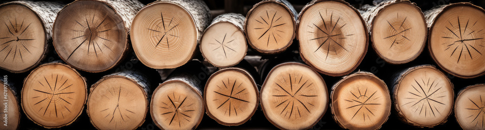 Stack of wooden stumps in cross section texture background.