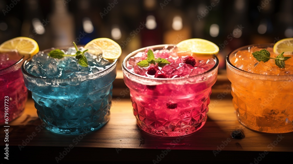 Close-up of group of stylish coloured cocktails with ice and lemon on the bar counter. Generative AI