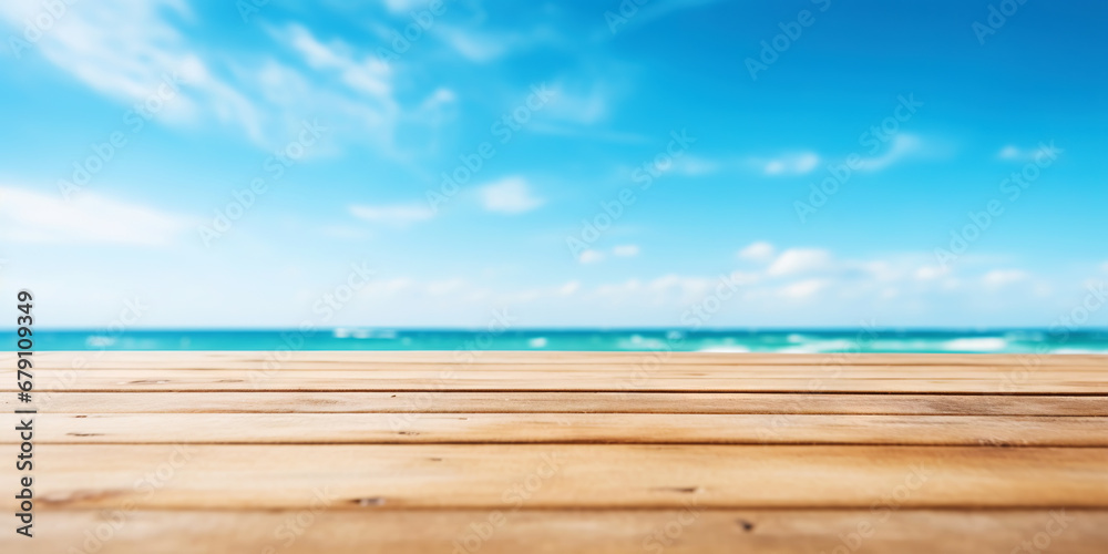 Wood table mockup with blue soft sky background. Empty copy space for product presentation. Generative AI