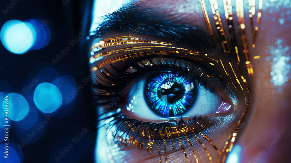 Female android robot eye close up. Digital iris of cyber woman. Bionic technology concept. Generative AI