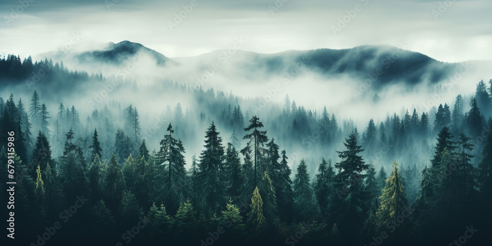 Misty mountain landscape with fir forest in vintage retro style. Generative AI