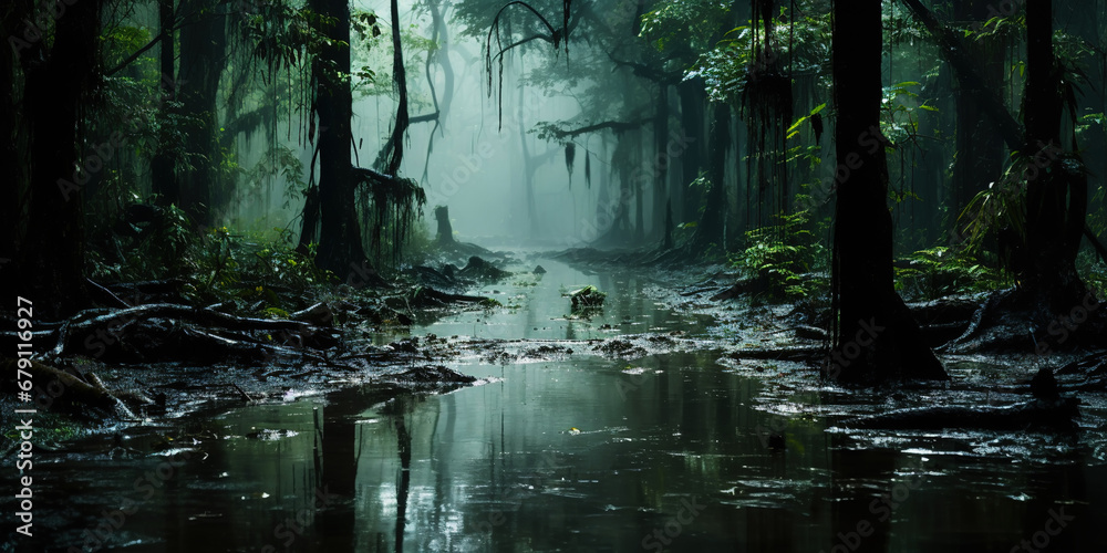 Swamp forest with a light mist. Quagmire in the spring green forest. Generative AI