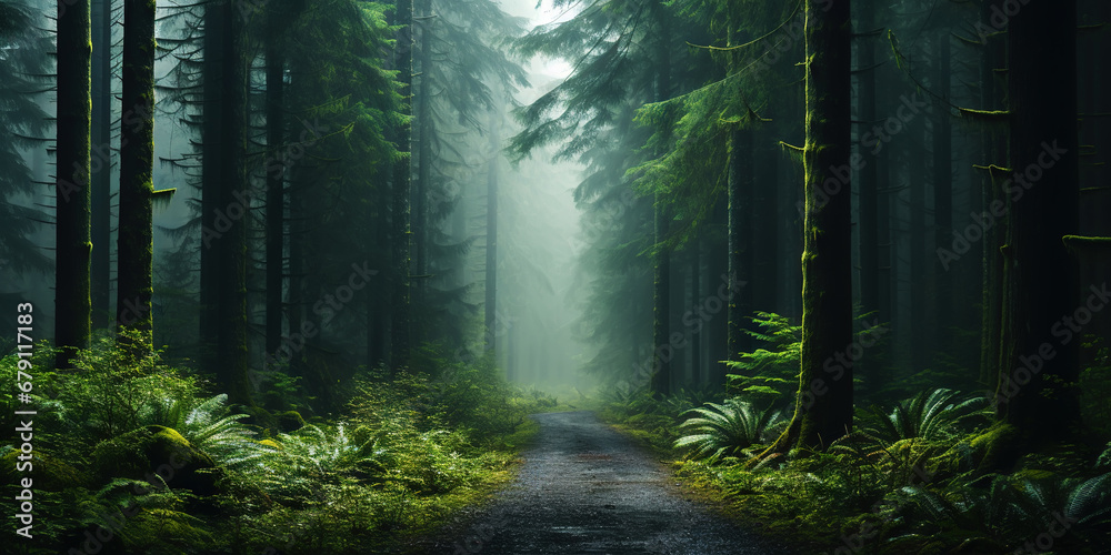 Misty road in fir forest. Minimalistic scenery. Generative AI