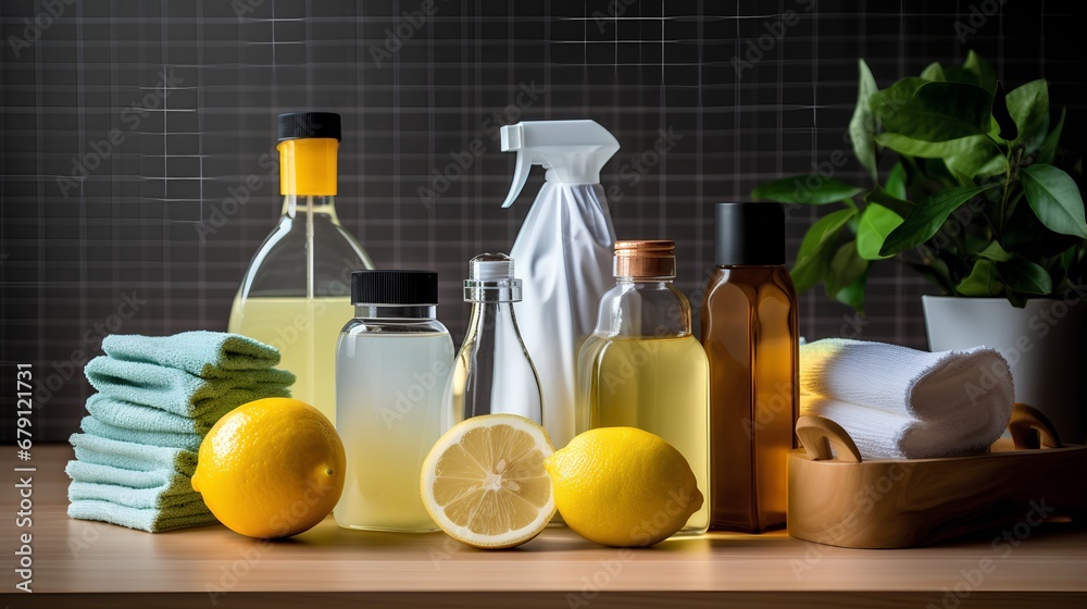 A collection of homemade cleaning products made with natural, organic ingredients, featuring a refreshing citrus aroma for a clean and freshsmelling home environment.