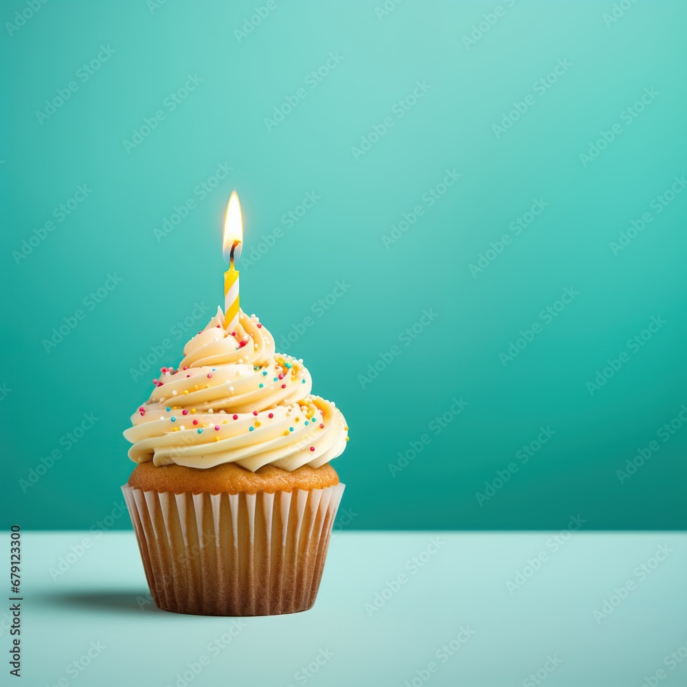 One close up cupcake with one candle on coloured background.