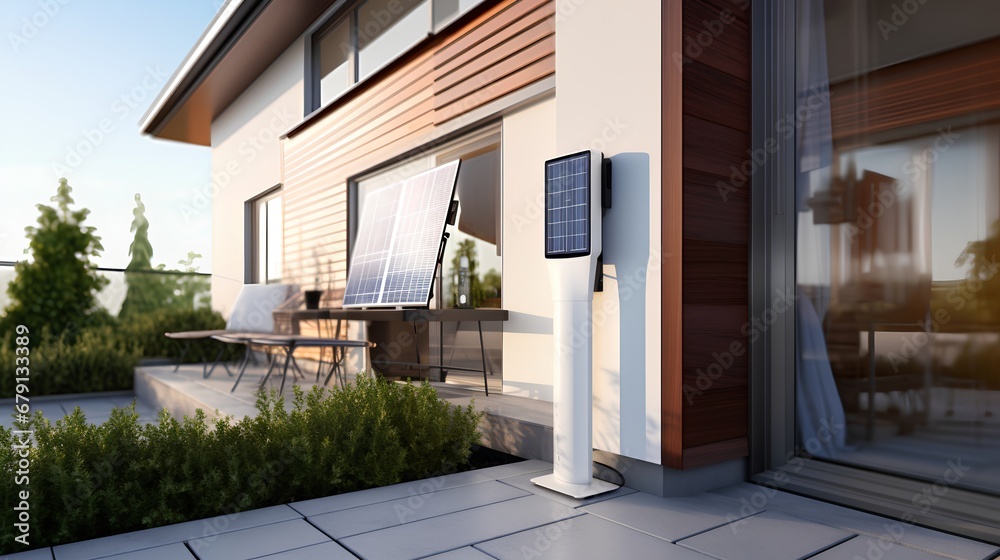 A modern private electric vehicle (EV) charging station installed at a residential home, featuring a dedicated power unit for convenient domestic plugin and charging of electric cars.