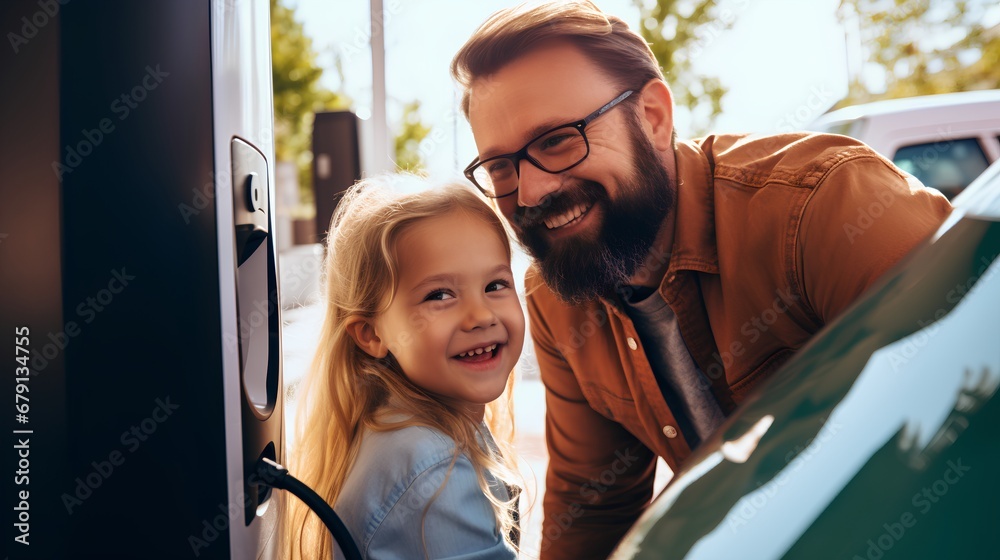 A caring father and his young daughter are engaged in plugging an EV charger into their electric car, demonstrating the importance of sustainable transportation to the new generation.