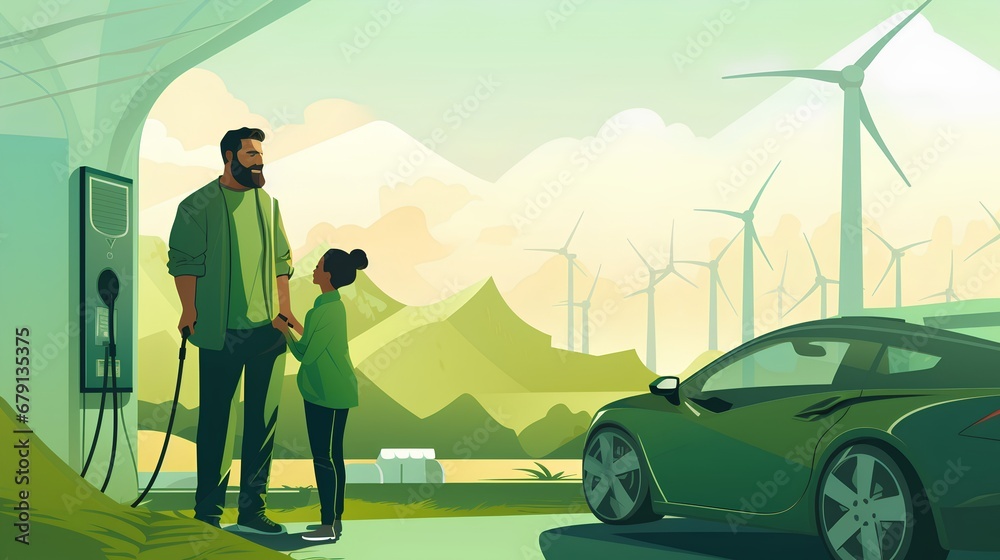 A caring father and his young daughter are engaged in plugging an EV charger into their electric car, demonstrating the importance of sustainable transportation to the new generation.