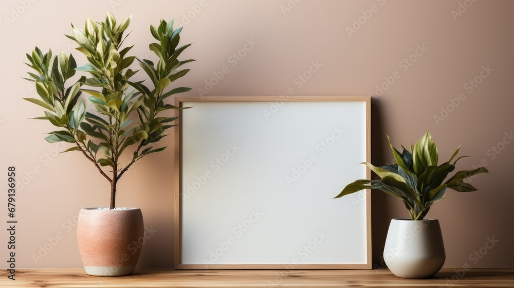 Wooden frame mockup on a desk with vases with plants. Light background. Generative AI