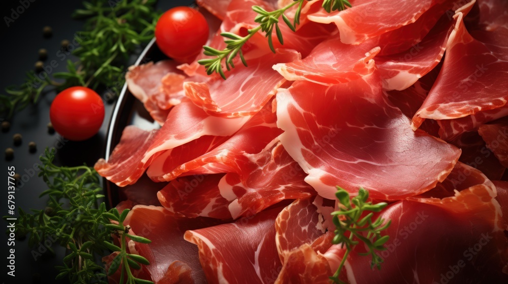 Close-up of sliced Iberico ham with herbs and tomatoes, top side view. Generative AI