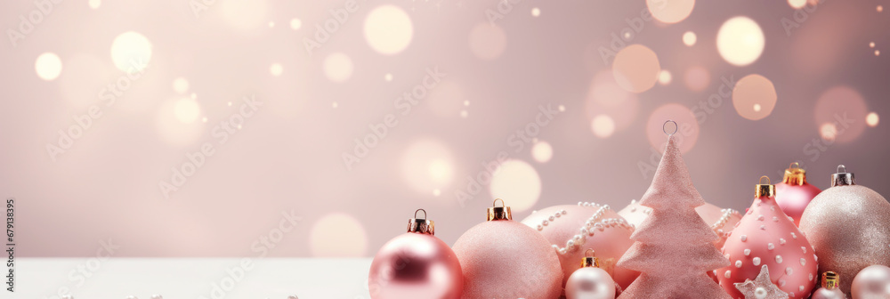 Pink Christmas background with New Year decoration. Copy space. Generative AI