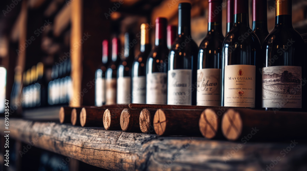 Variety of wine bottles on wooden shelves in an cellar. Vinery concept. Generative AI