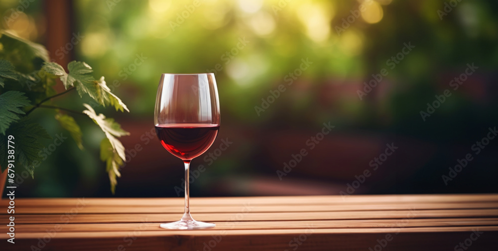 Elegant glass of red wine on blurres background with wine grapes. Young wine. Generative AI