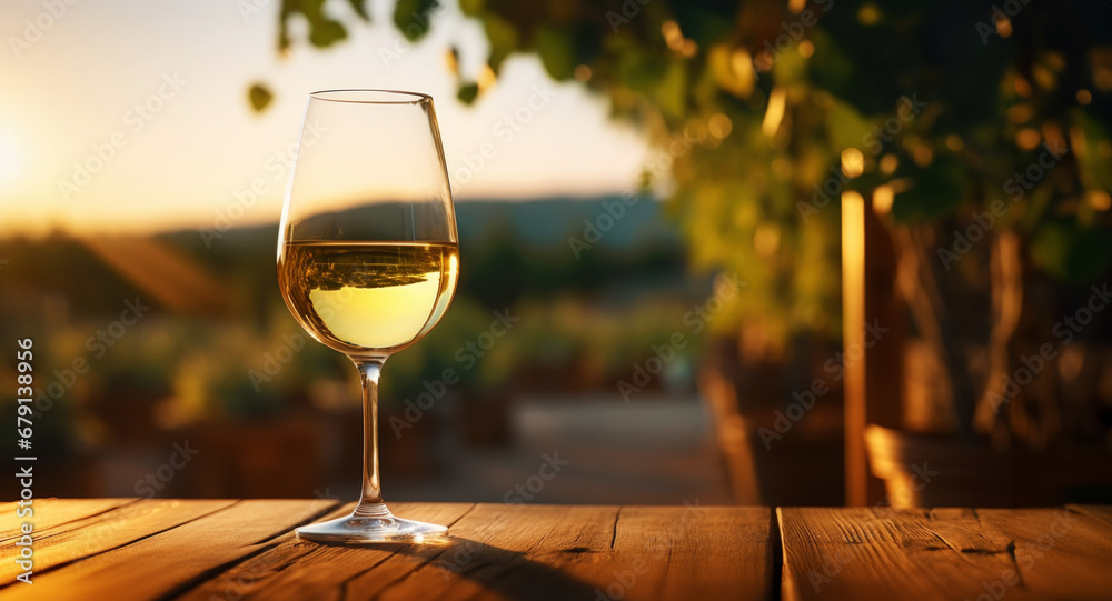 Elegant glass of white wine on blurres background with wine grapes in winery. Young wine. Generative AI