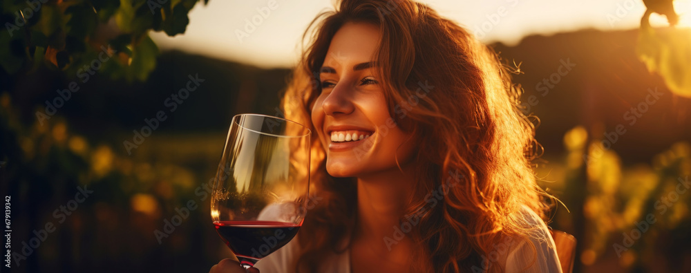 Portrait of a beautiful smiling girl with a glass of wine with a blurred backdrop of vineyard on a sunset. Generative AI