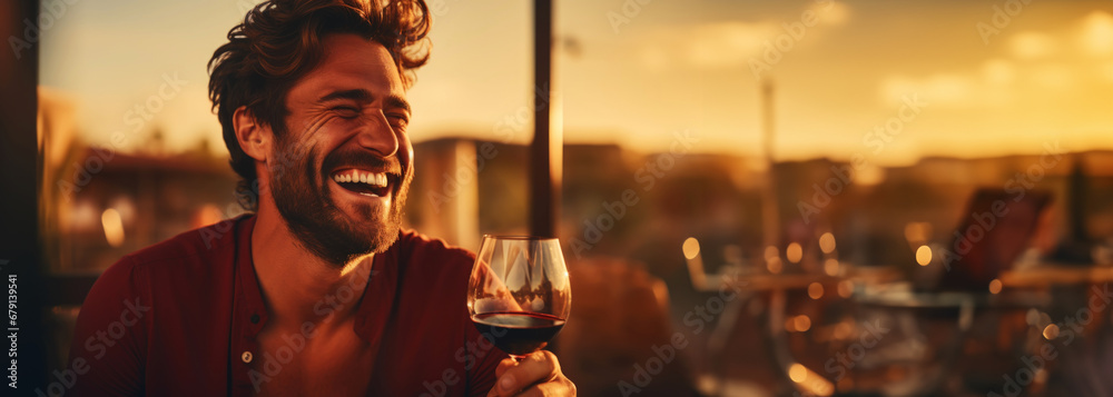 Portrait of a smiling man with a glass of wine, blurred backdrop of vineyard on a sunset. Generative AI