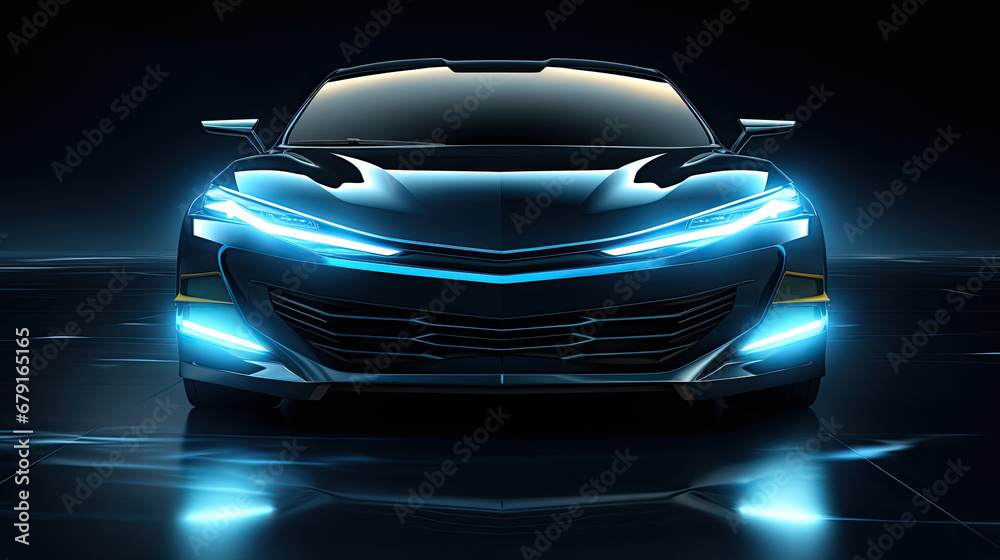 car with light  isolated on black background, Car blue headlights, shape concept art dark