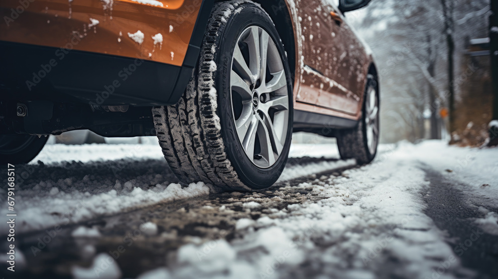 Close up of Car tires in winter on the road covered with snow. Winter tire