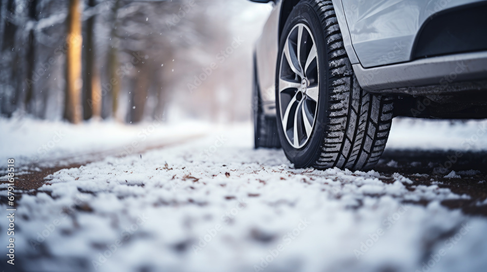 Close up of Car tires in winter on the road covered with snow. Winter tire