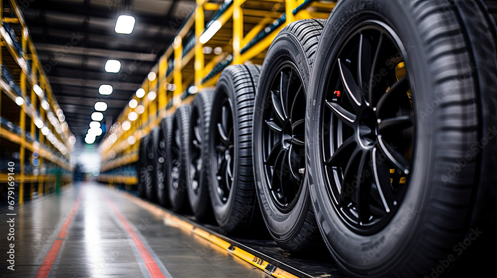 High rack with customer tires in warehouse of a tire dealer