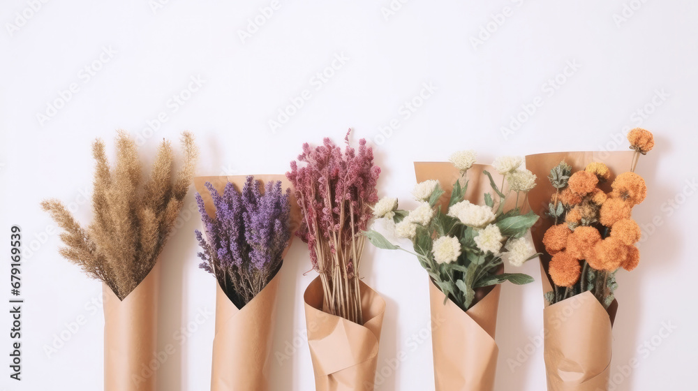 bunch of lavender flowers, Flowers in bunches, herbs, dried flowers in kraft packaging on white background, top view, space for text.