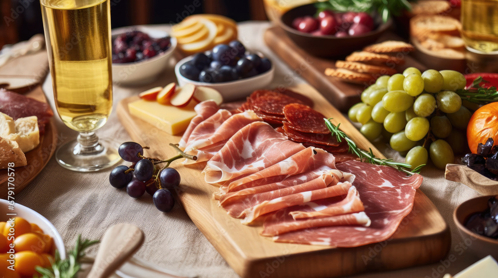 Close up of charcuterie board with meats and cheeses on festive dinner table for, copy space, ham and cheese