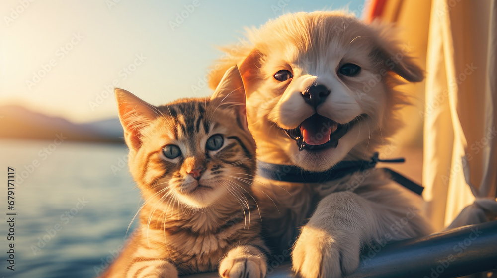 Happy dog and cat together in car. summer vocation travel