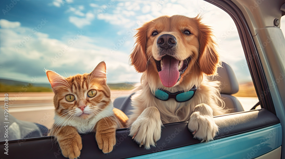 Happy dog and cat together in car. summer vocation travel