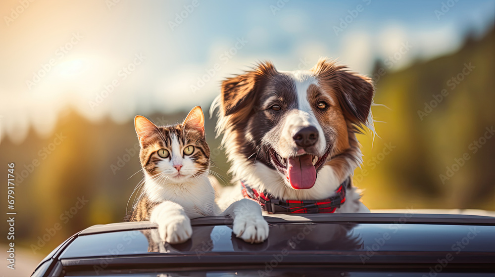 Happy dog and cat together in car. summer vocation travel