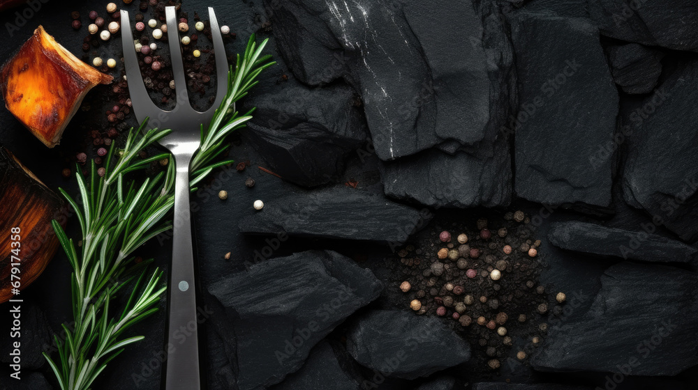 Barbecue. Meat fork, rosemary and charcoal on black background . Top view. Space for text.