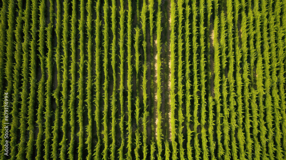 abstract background, green background,green texture, harvested corn on the cob crops seen in rows in a farm, top view, aerial view