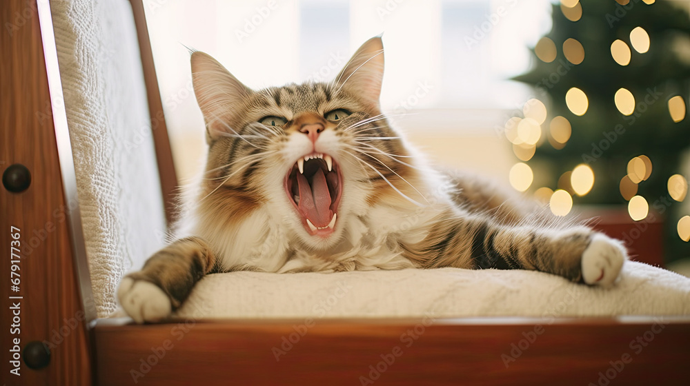 Cute cat lying on modern armchair and yawning on background of stylish decorated christmas tree in sunny room. Pet and winter holidays. Atmospheric cozy christmas tim