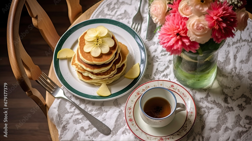 homemade breakfast - pancakes with apple sauce, vintage dishes, a bouquet of dahlias on a retro tablecloth on a wooden table