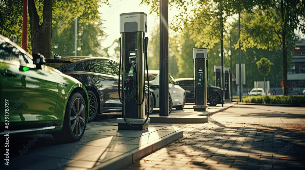 Modern fast electric vehicle chargers for charging car in park