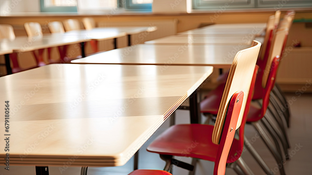 Closeup view of some empty chairs and tables in a classroom in a school seminar or conference room, selective focus, lots of copy space