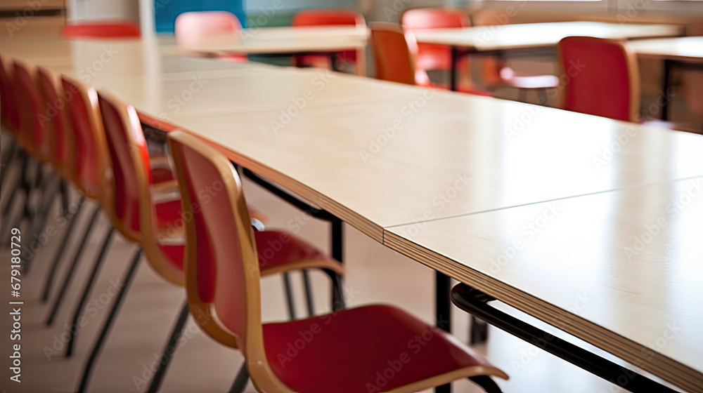 Closeup view of some empty chairs and tables in a classroom in a school seminar or conference room, selective focus, lots of copy space