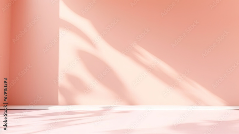 Abstract minimal empty pink and white 3d room background. Modern Studio showcase with copy space. Mock up scene with natural window shadows, dappled light overlay effect. red empty room