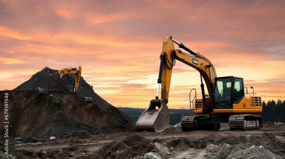 Excavator on earthmoving at open pit mining. Backhoe dig ore in quarry on sunset. Heavy construction equipment and Heavy Machinery during excavation on Mine Site. Mining excavator on iron ore mining