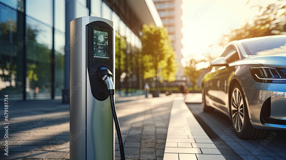 Modern fast electric vehicle chargers for charging car in park